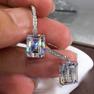 NEW Radiant Cut Diamond Drop Huggie Hoop Earrings